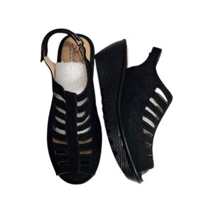 Skechers Parallel Trapezoid Platform Wedge Suede Cutout Sandal Womens 8 Black